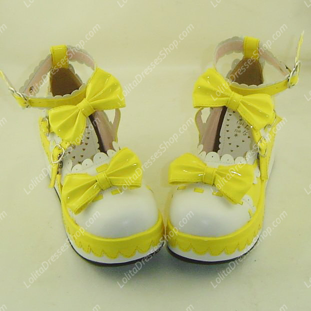 Yellow and White Cute Bowknot and Lace PU Sweet Lolita Shoes