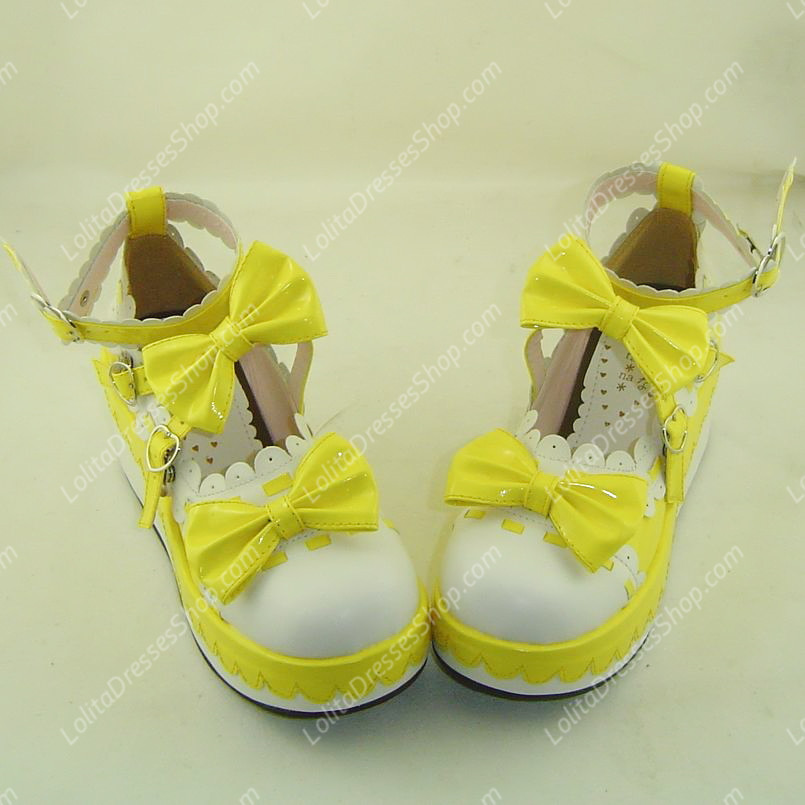 Yellow and White Cute Bowknot and Lace PU Sweet Lolita Shoes