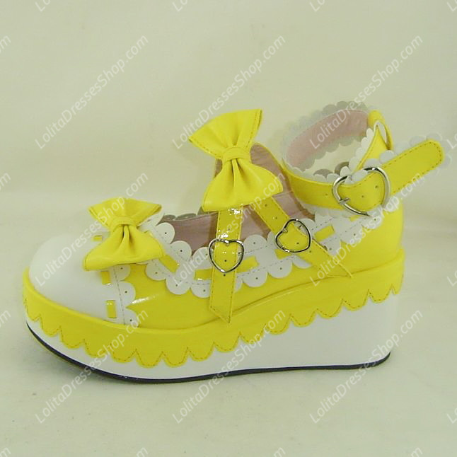 Yellow and White Cute Bowknot and Lace PU Sweet Lolita Shoes