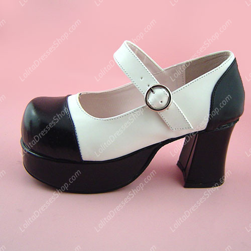 Simple Black and White High-heeled Round Toe PU Sweet Lolita Shoes