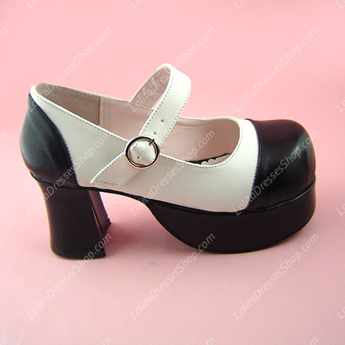 Simple Black and White High-heeled Round Toe PU Sweet Lolita Shoes
