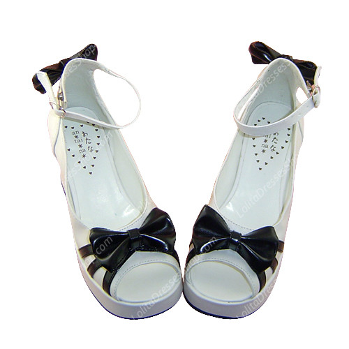 Simple White Fish Mouth Bowknot Princess PU Sweet Lolita Shoes