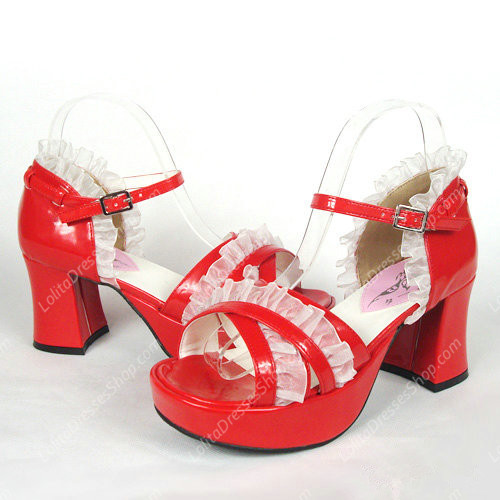 Red Round Toe with White Lace PU Sweet Lolita Shoes