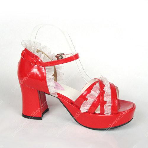 Red Round Toe with White Lace PU Sweet Lolita Shoes