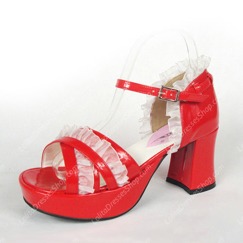 Red Round Toe with White Lace PU Sweet Lolita Shoes