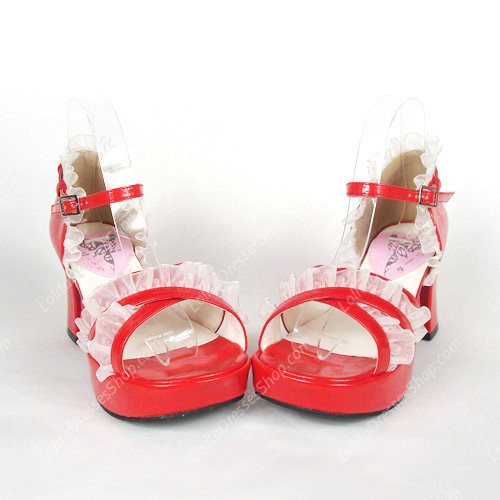 Red Round Toe with White Lace PU Sweet Lolita Shoes