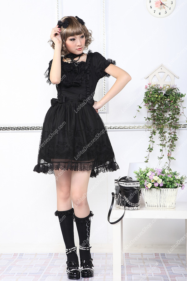 Black 65% Cotton and 35% Polyester Short Sleeves Lace Trim Punk Lolita Dress
