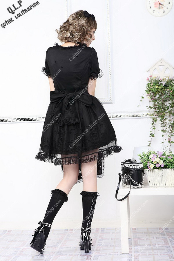 Black 65% Cotton and 35% Polyester Short Sleeves Lace Trim Punk Lolita Dress