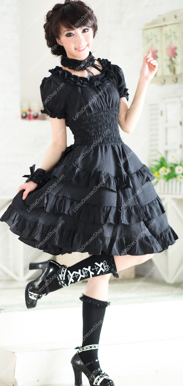 Plain Black Round Neck Short Sleeves Flounced Punk Lolita Dress