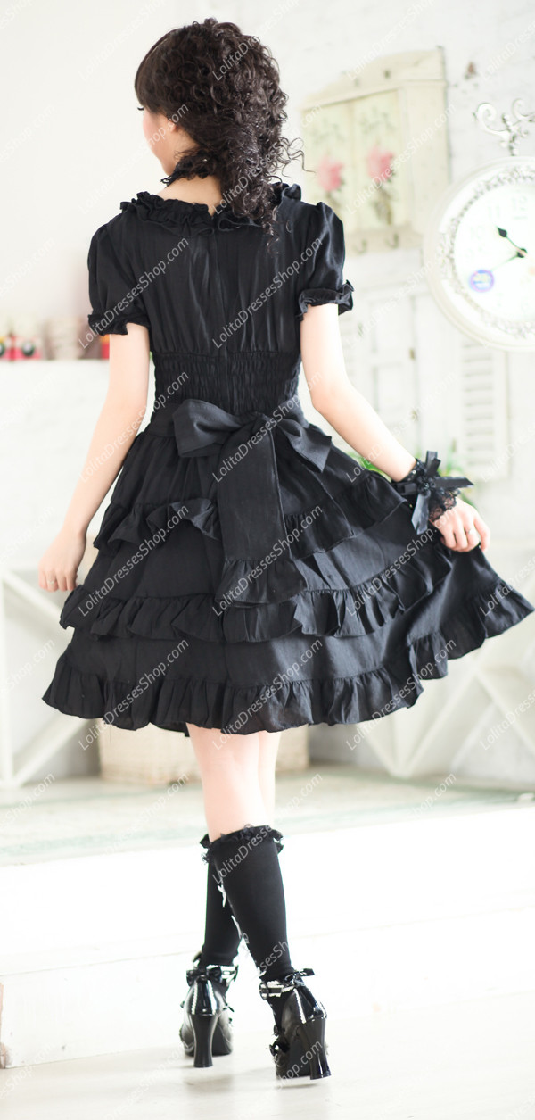 Plain Black Round Neck Short Sleeves Flounced Punk Lolita Dress