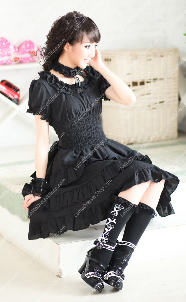 Plain Black Round Neck Short Sleeves Flounced Punk Lolita Dress