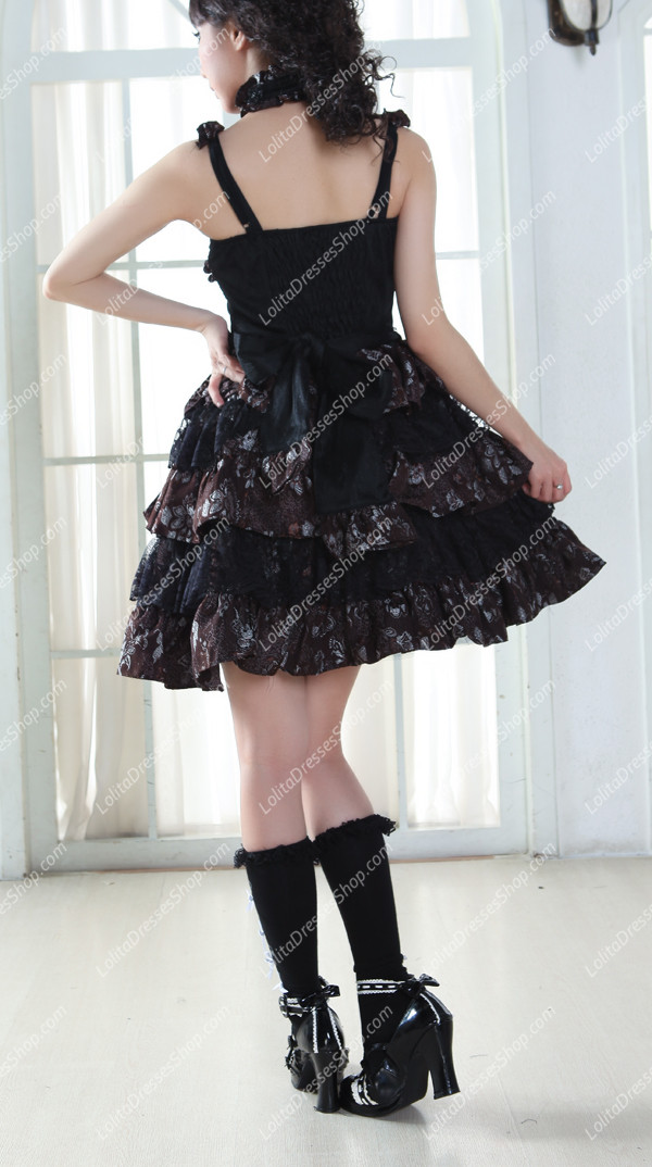 Black Straps Sleeveless Multilayer Cake Punk Lolita Dress with Neck Ring