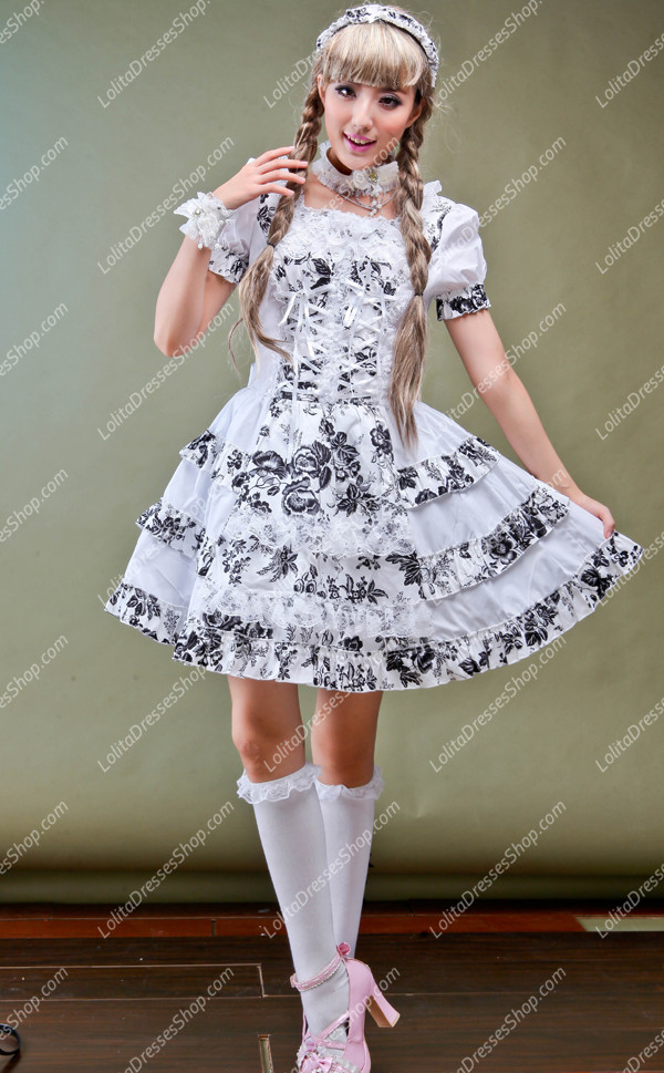 Idyllic White Short-sleeved Floral Punk Lolita Dress
