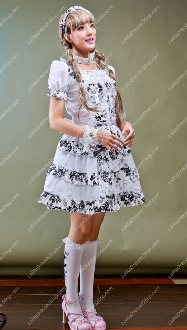 Idyllic White Short-sleeved Floral Punk Lolita Dress