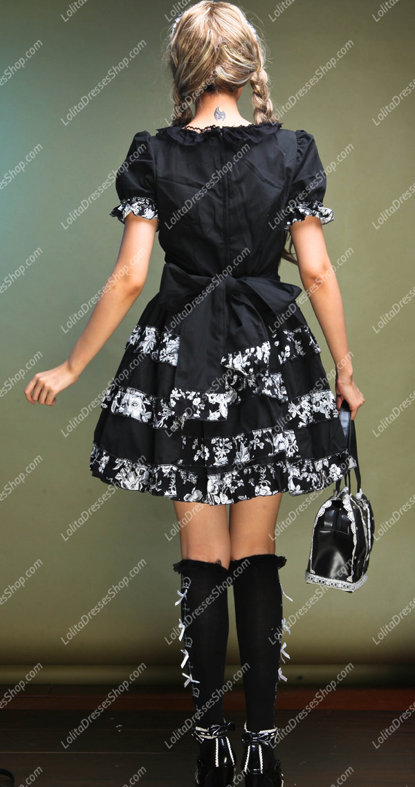 Idyllic Black Short-sleeved Floral Punk Lolita Dress