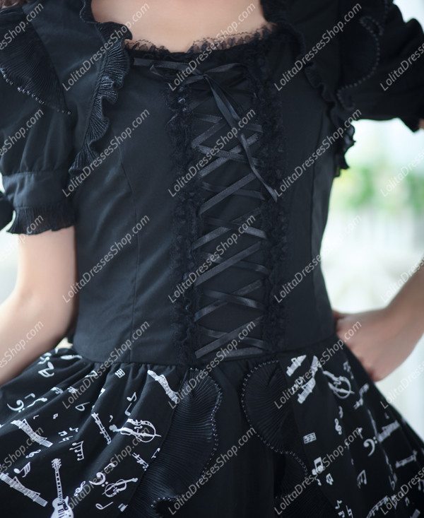 Plain Black Music Note Print Princess Punk Lolita Dress