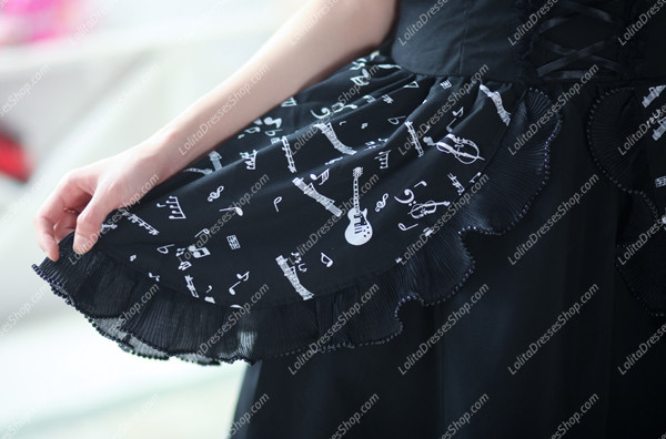 Plain Black Music Note Print Princess Punk Lolita Dress