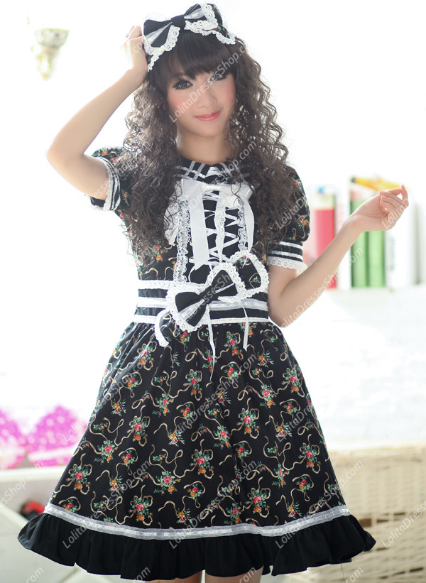 Black Garden Round Neck Short Sleeves Floral Flouncing Punk Lolita Dress