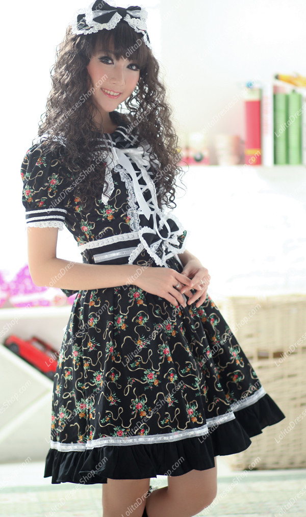 Black Garden Round Neck Short Sleeves Floral Flouncing Punk Lolita Dress