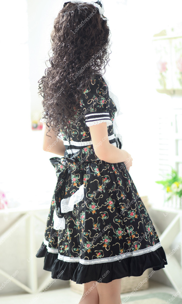 Black Garden Round Neck Short Sleeves Floral Flouncing Punk Lolita Dress