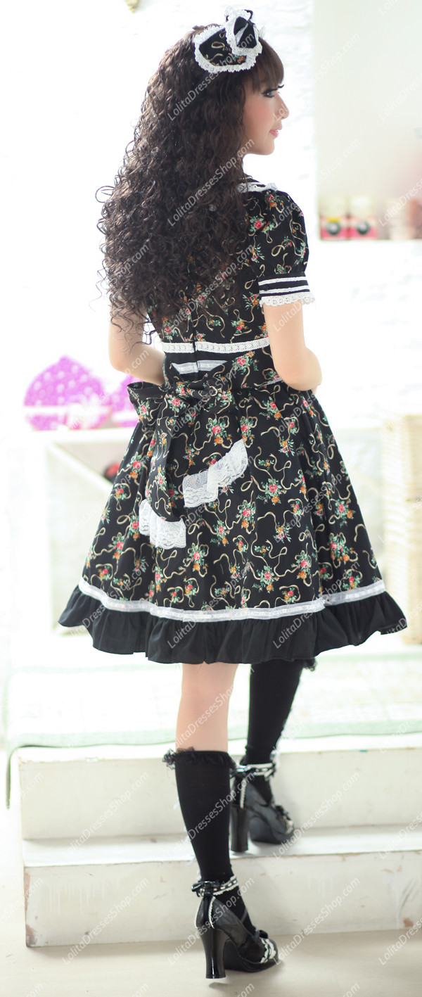 Black Garden Round Neck Short Sleeves Floral Flouncing Punk Lolita Dress