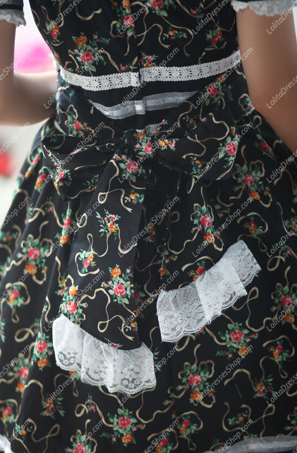 Black Garden Round Neck Short Sleeves Floral Flouncing Punk Lolita Dress