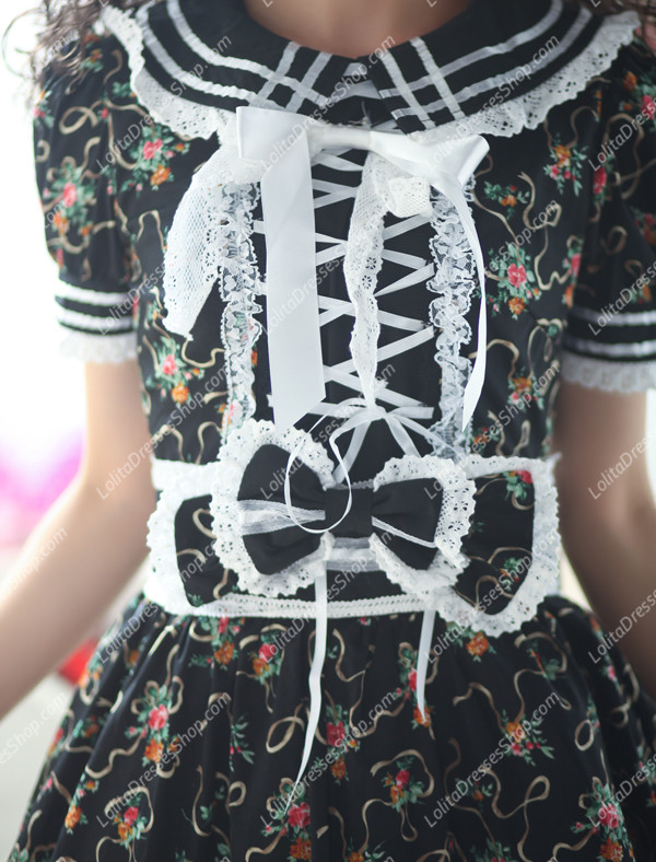 Black Garden Round Neck Short Sleeves Floral Flouncing Punk Lolita Dress