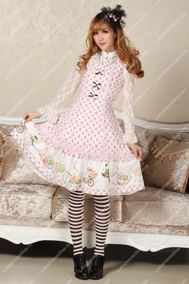 Sweet pink Square Neck Ruffles Bow Lolita Dress