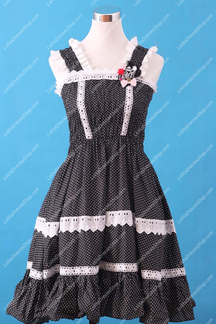 Sweet Black and White Square Neck Ruffles Bow Lace Lolita Dress