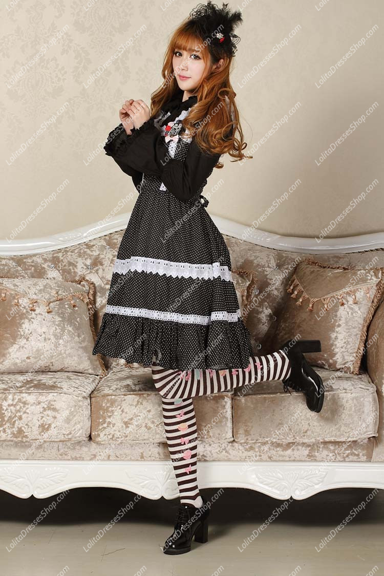 Sweet Black and White Square Neck Ruffles Bow Lace Lolita Dress