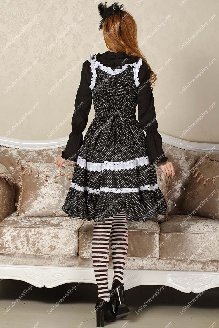 Sweet Black and White Square Neck Ruffles Bow Lace Lolita Dress