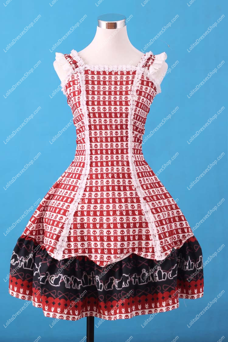 Sweet Red Square Neck Ruffles Bow Lace Print Lolita Dress