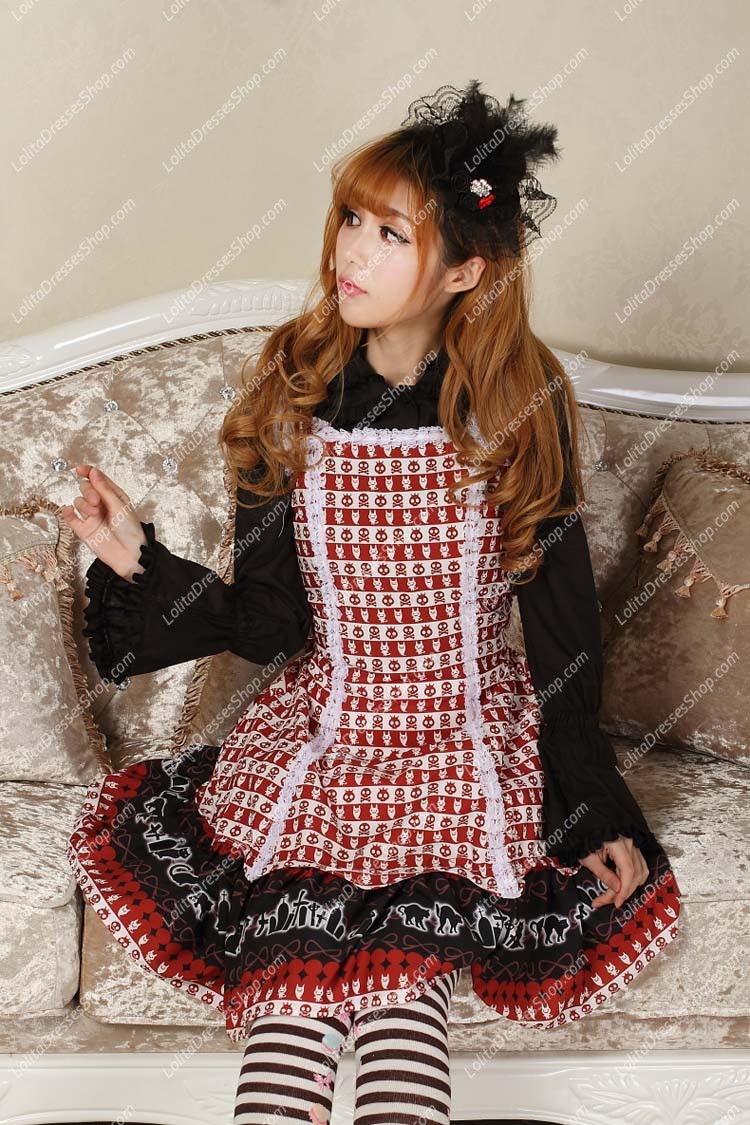 Sweet Red Square Neck Ruffles Bow Lace Print Lolita Dress