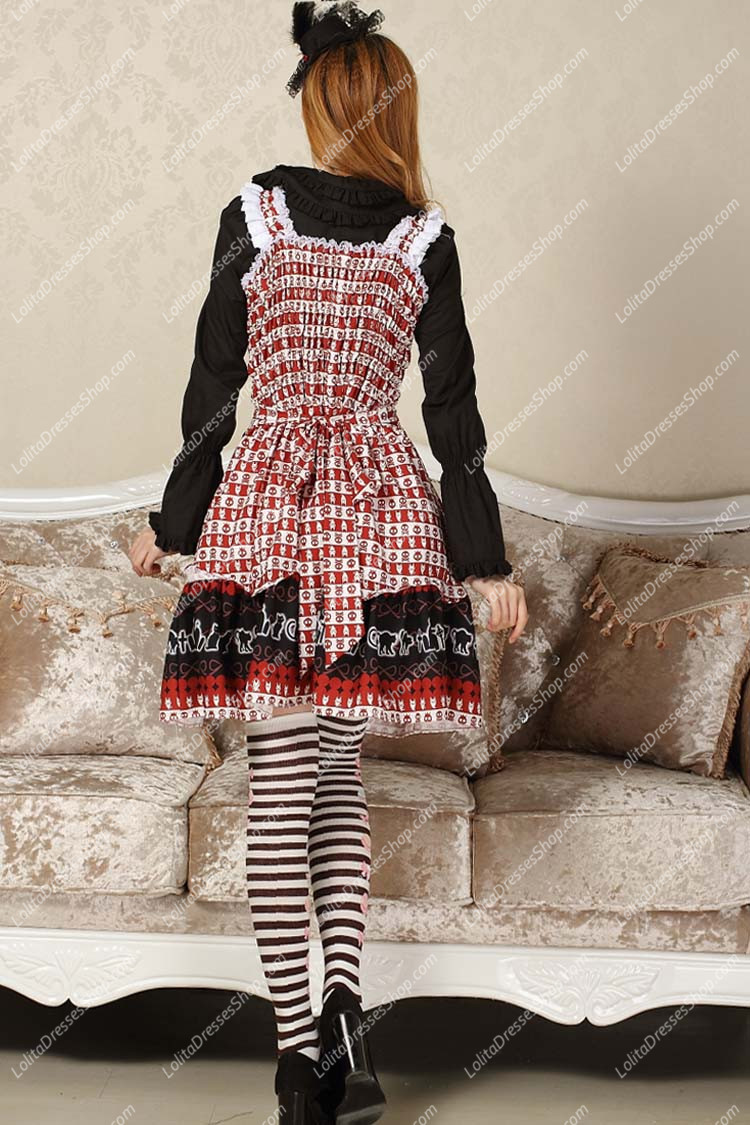 Sweet Red Square Neck Ruffles Bow Lace Print Lolita Dress