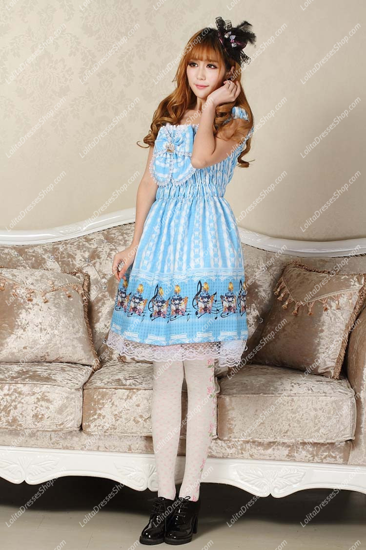 Sweet Blue Square Neck Ruffles Bow Lace Print Lolita Dress