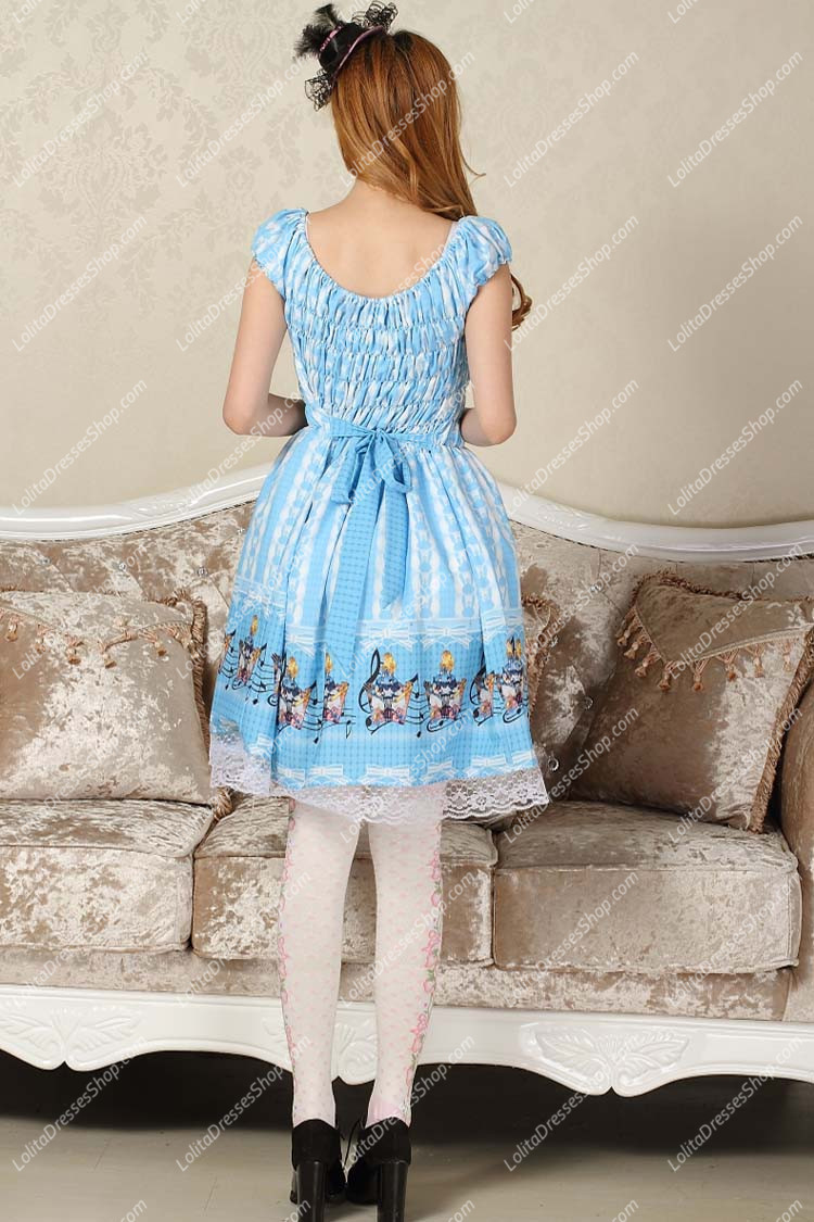 Sweet Blue Square Neck Ruffles Bow Lace Print Lolita Dress