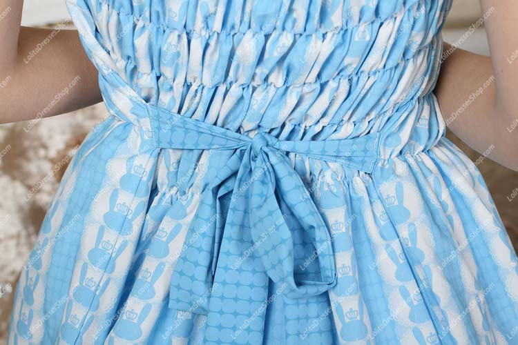 Sweet Blue Square Neck Ruffles Bow Lace Print Lolita Dress