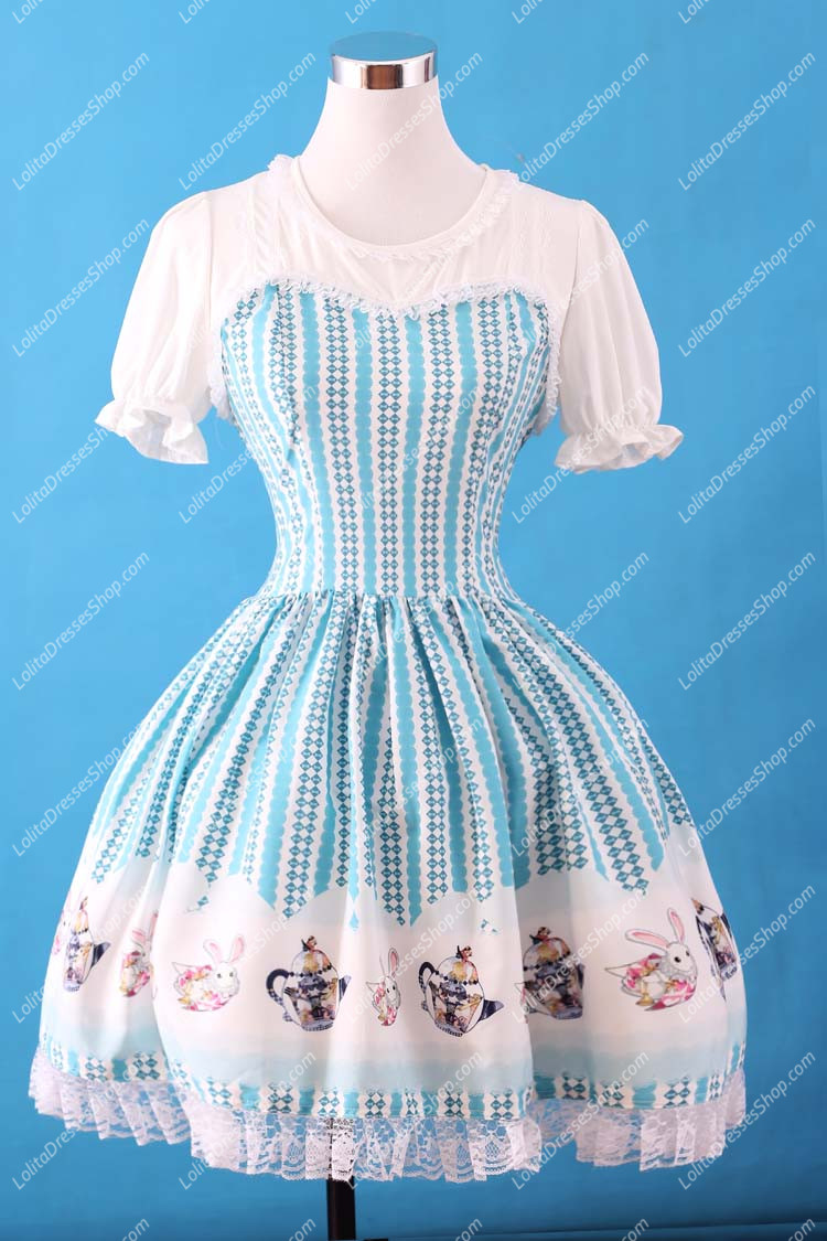 Sweet Blue Square Neck Ruffles Bow Lace Short Sleeve Lolita Dress