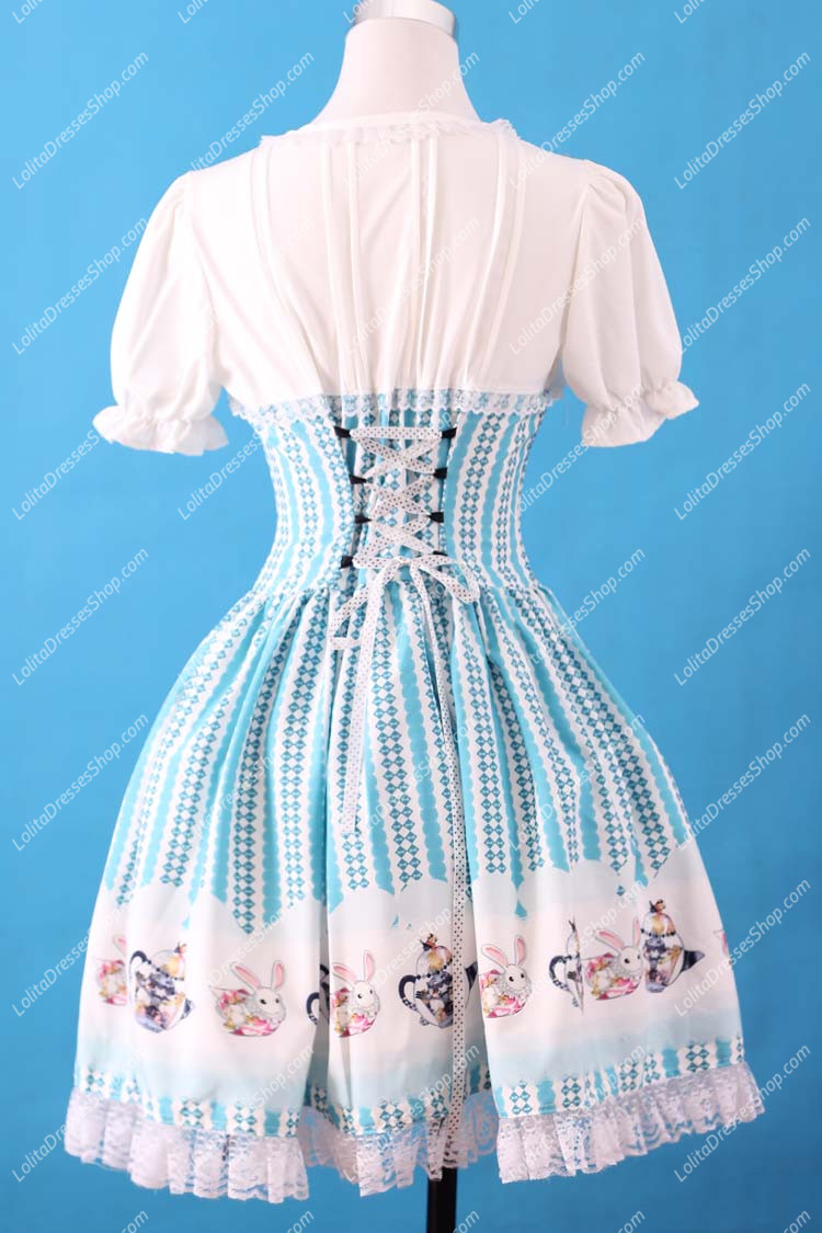 Sweet Blue Square Neck Ruffles Bow Lace Short Sleeve Lolita Dress