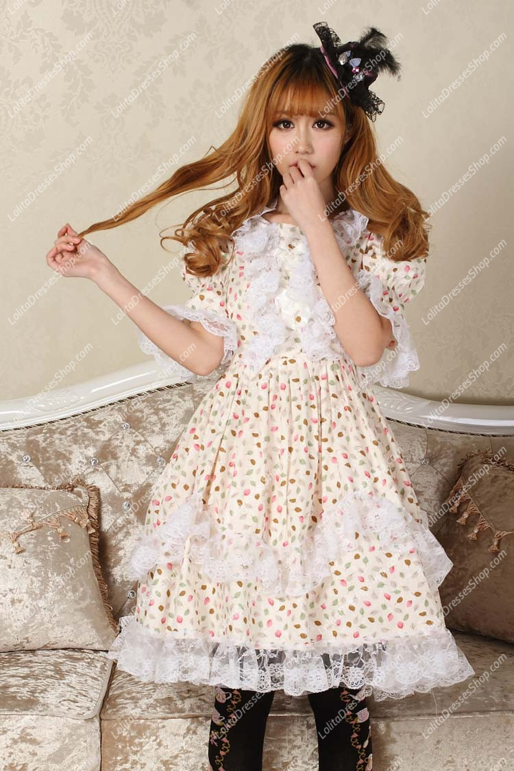 Sweet BeigeSquare Neck Ruffles Bow Lace Short Sleeve Lolita Dress
