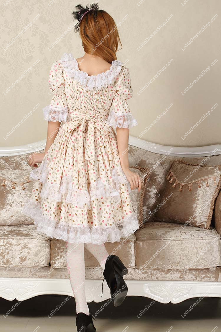 Sweet BeigeSquare Neck Ruffles Bow Lace Short Sleeve Lolita Dress