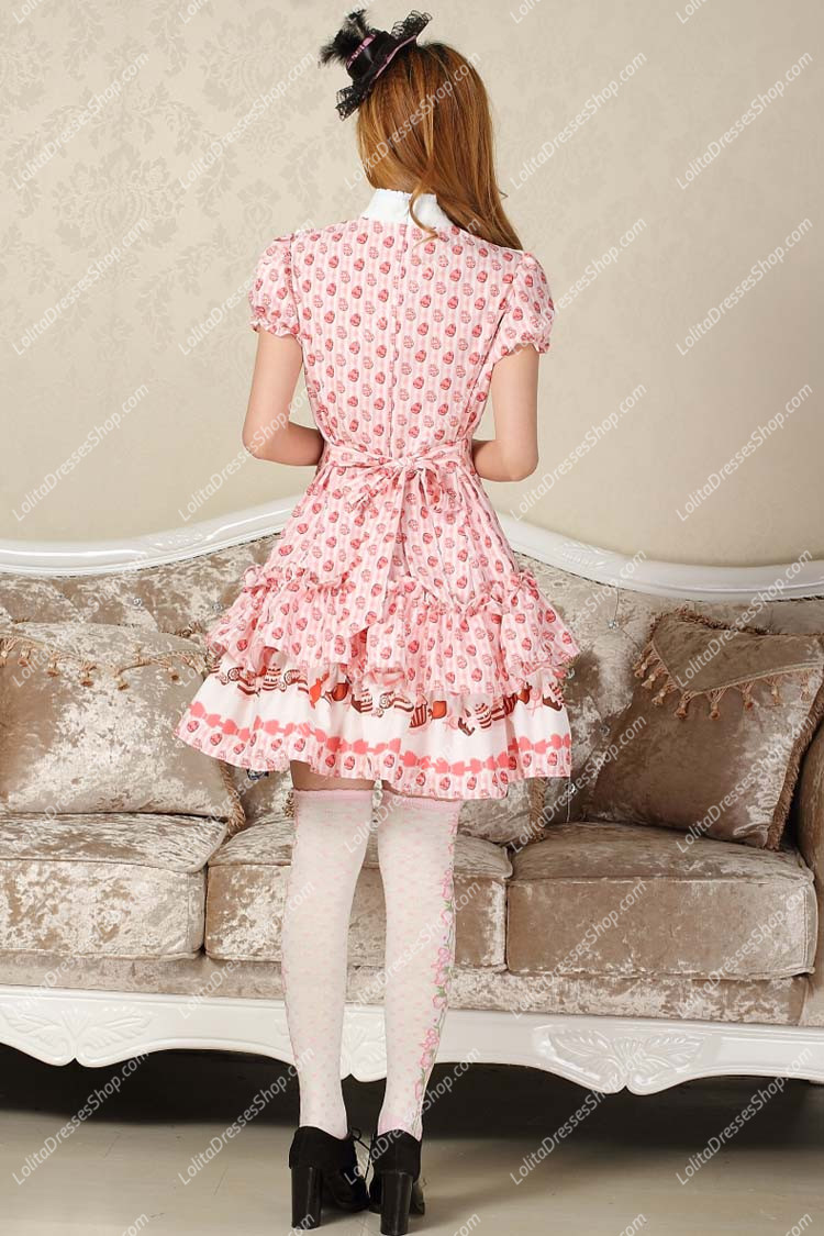 Sweet Pink stand Collar Ruffles Bow Lace Short Sleeve Lolita Dress