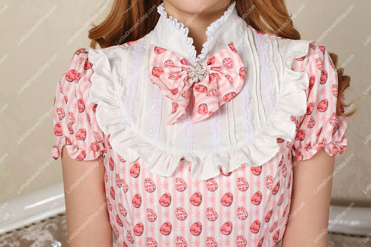 Sweet Pink stand Collar Ruffles Bow Lace Short Sleeve Lolita Dress