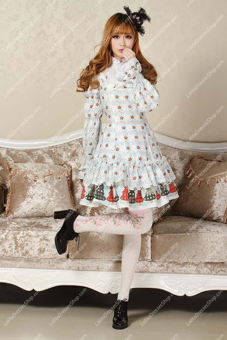 Sweet Blue Stand Collar Ruffles Bow Lace Long Sleeve Lolita Dress