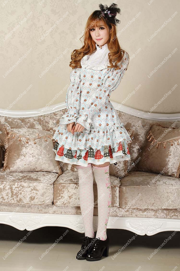 Sweet Blue Stand Collar Ruffles Bow Lace Long Sleeve Lolita Dress