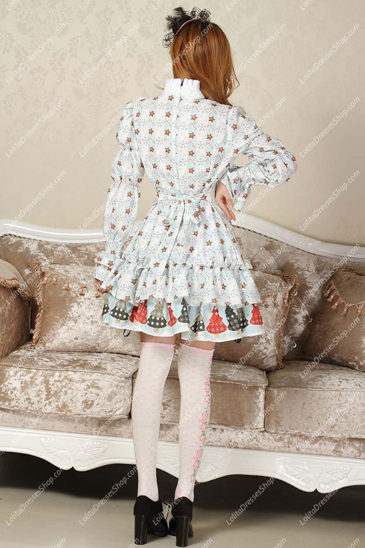 Sweet Blue Stand Collar Ruffles Bow Lace Long Sleeve Lolita Dress