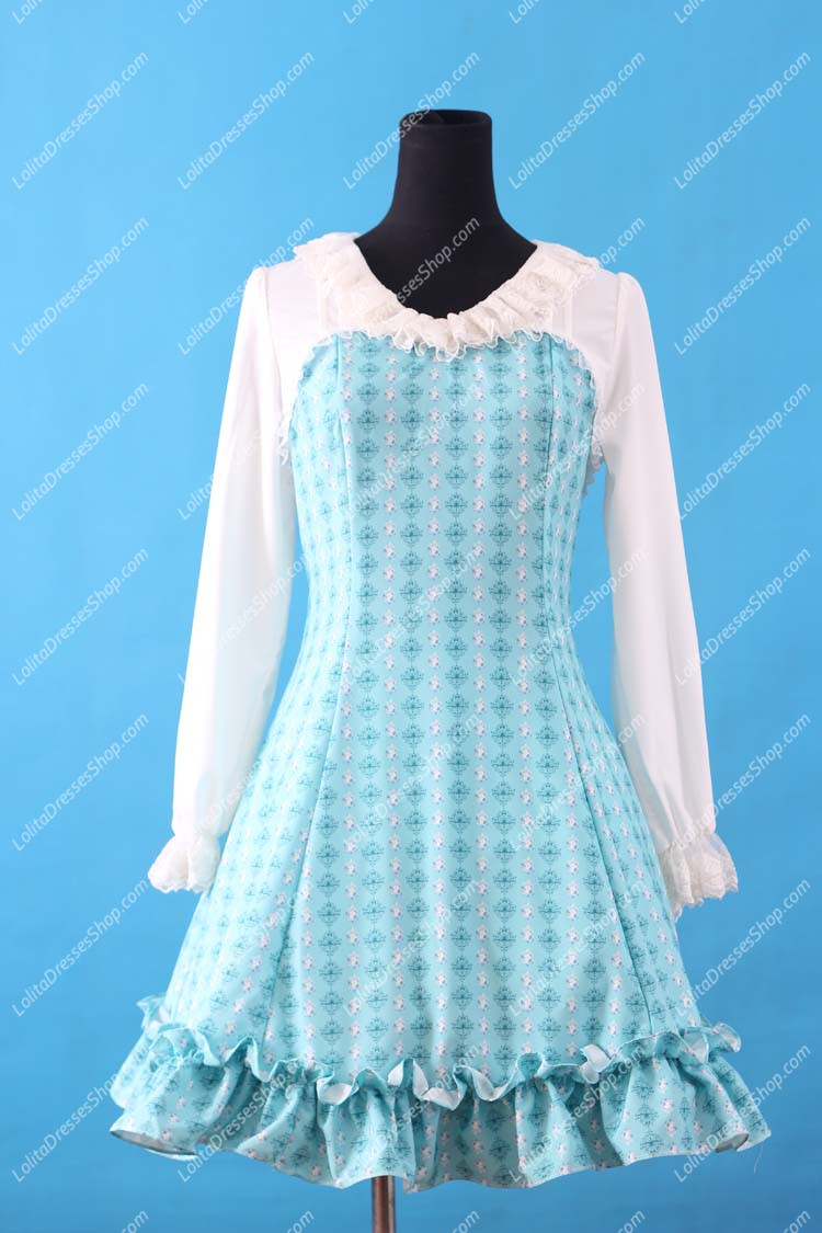 Sweet Blue Round Neck Ruffles Bow Lace Long Sleeve Lolita Dress