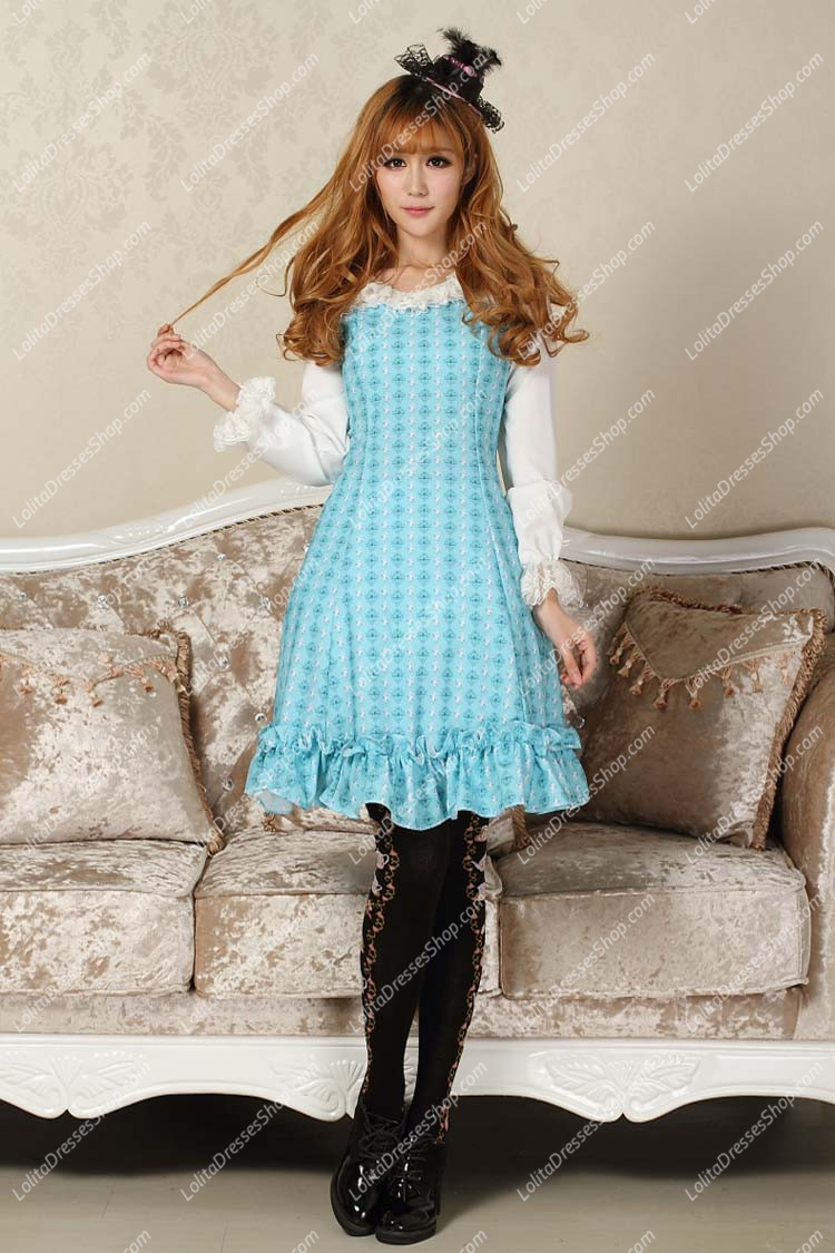 Sweet Blue Round Neck Ruffles Bow Lace Long Sleeve Lolita Dress