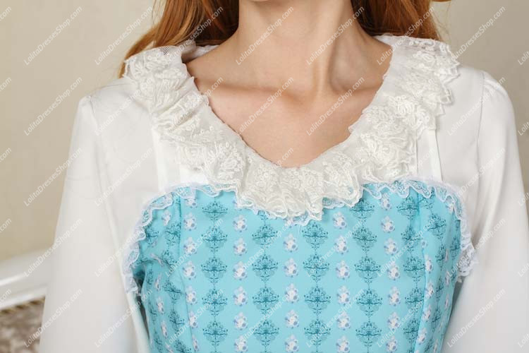 Sweet Blue Round Neck Ruffles Bow Lace Long Sleeve Lolita Dress