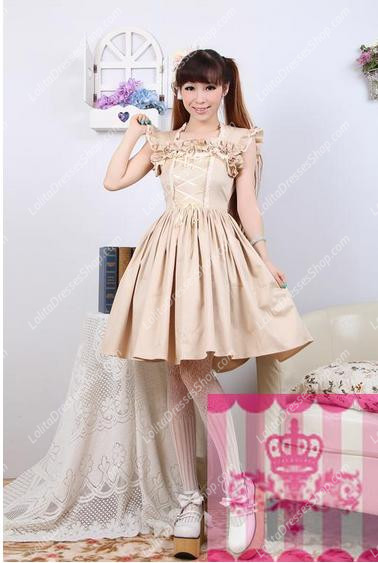 Simple Khaki Cotton Square Neck Flounced Sweet Lolita Dress